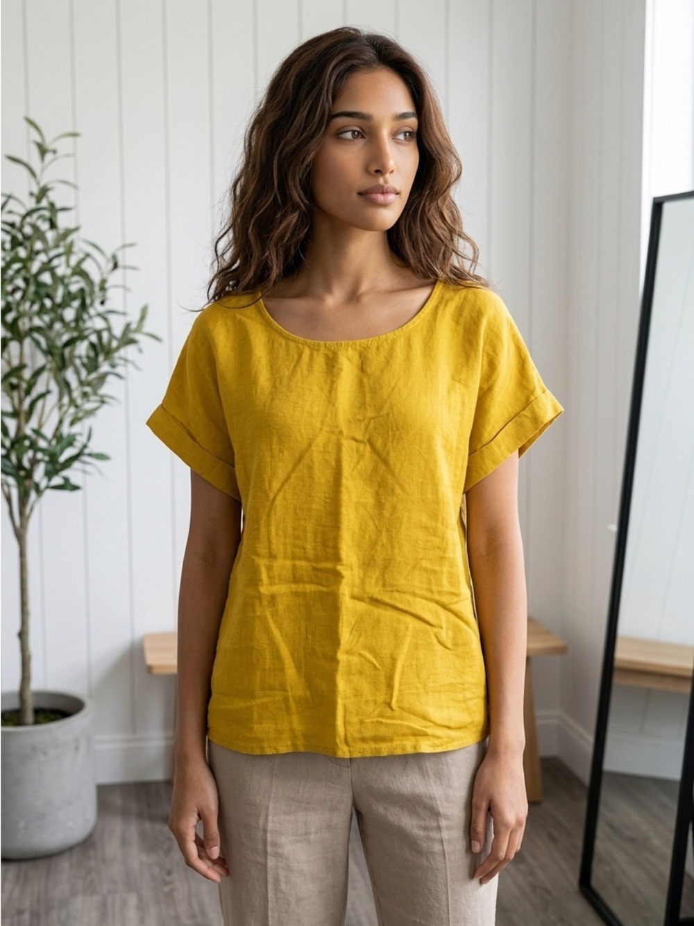 Terzo Millennio Womens Medium Linen Mustard Yellow Back Buttons HiLo Top